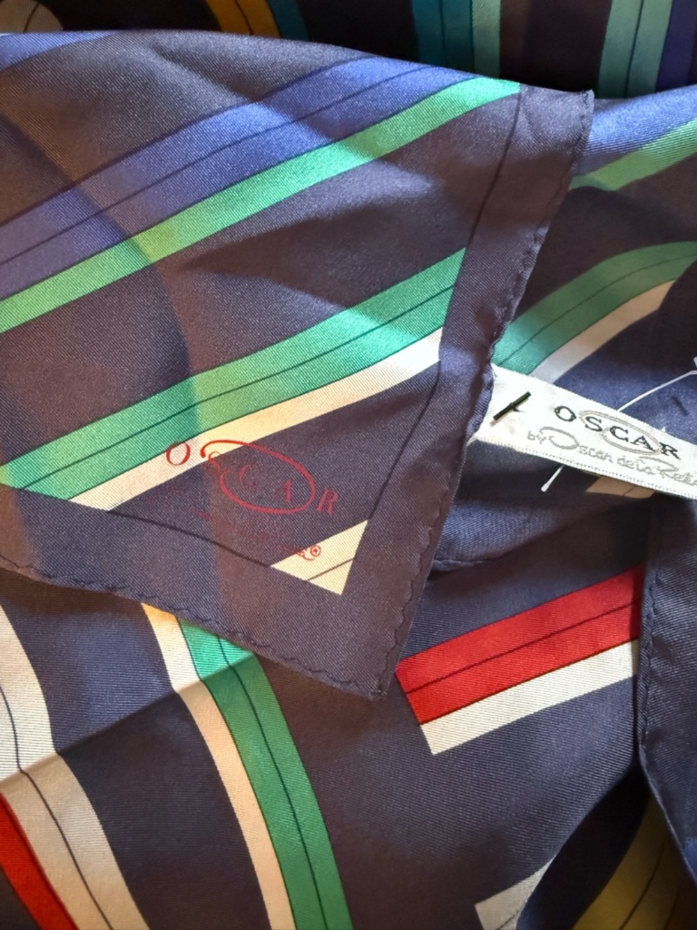 VTG Oscar de la Renta Navy Striped Silk Scarf